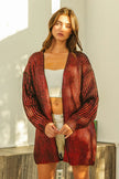 Red metallic knit V-neck cardigan, shimmering texture, loose fit, open front