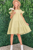 Lime green cotton gauze baby doll dress with ruffled tiered design and short sleeves