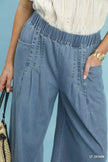 Light blue stone washed cotton wide leg pants with elastic waist and pockets