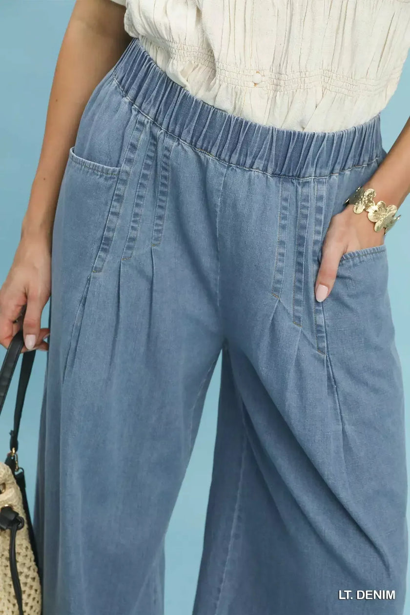 Light blue stone washed cotton wide leg pants with elastic waist and pockets