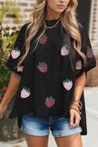 Black sequin strawberry print relaxed fit high-low half sleeve tee