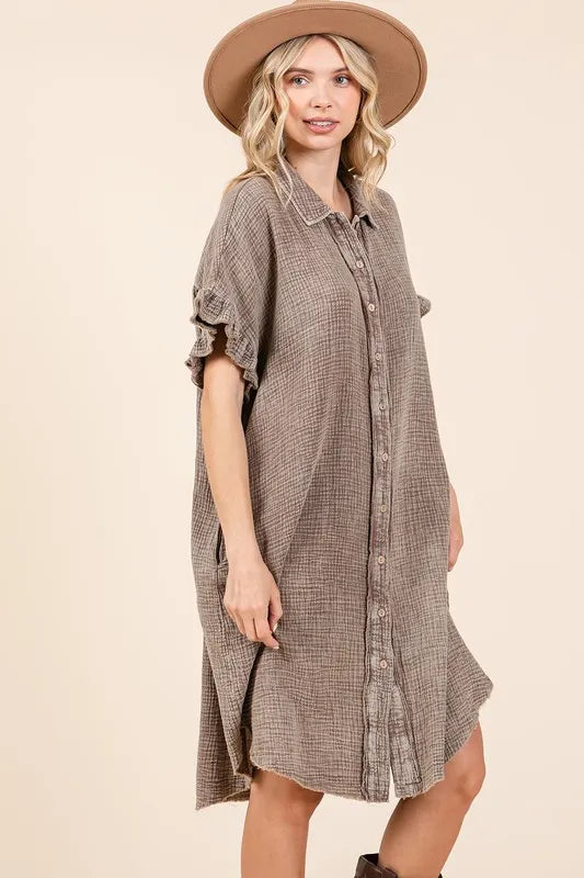Brown mineral wash cotton gauze mini dress with ruffle sleeves and button front
