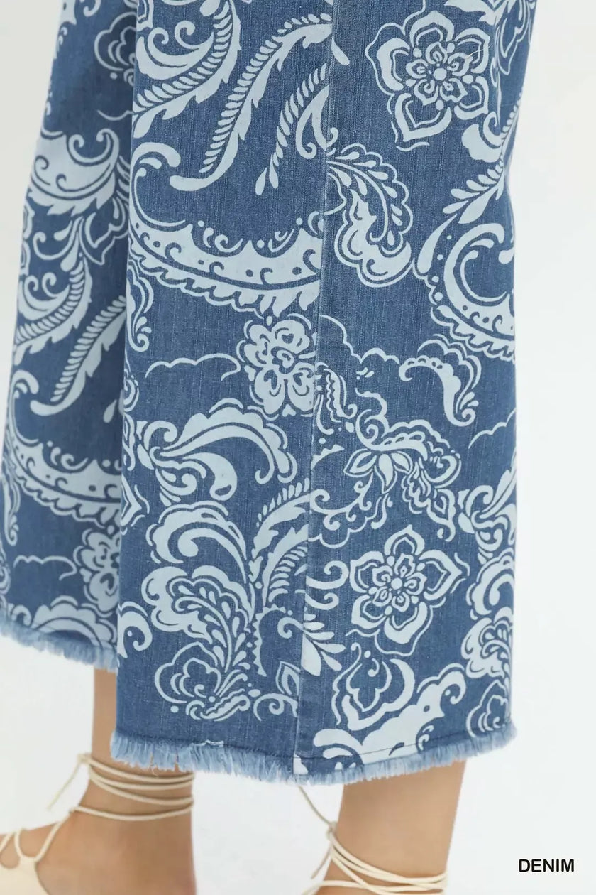 Blue stone wash denim wide leg crop pants with white floral paisley print