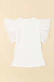 White ruffled cap sleeve blouse with textured fabric and relaxed fit