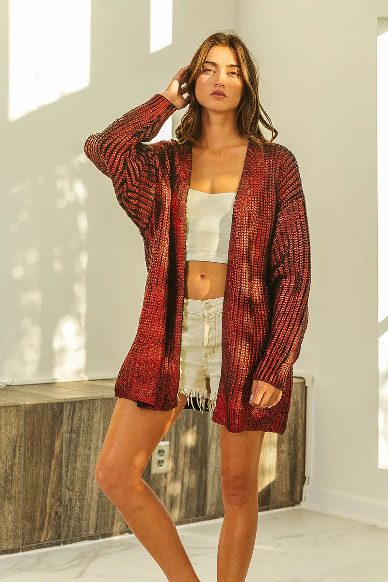 Red metallic knit V-neck cardigan with loose fit and shimmering texture
