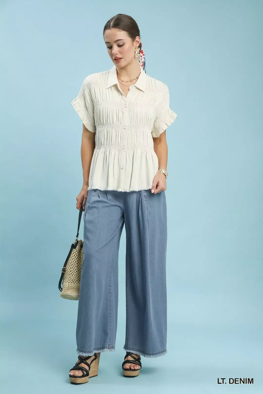 Light blue stone washed cotton wide leg pants with relaxed boho fit