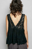 Black lace sleeveless top with deep V-back and scalloped ruffled hem in textured fabric