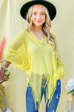 Vibrant yellow distressed mesh V-neck sweater cover-up with frayed hem and loose fit