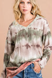Bohemian tie-dye soft v-neck top with earthy green-brown tones, stretchy fabric, relaxed fit, casual look