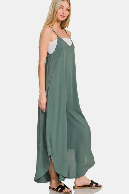 Close-up of breathable rayon sleeveless overalls showing curved hem detail
