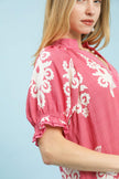 Pink textured mini dress with white floral print and ruffled elasticated puffed sleeves.