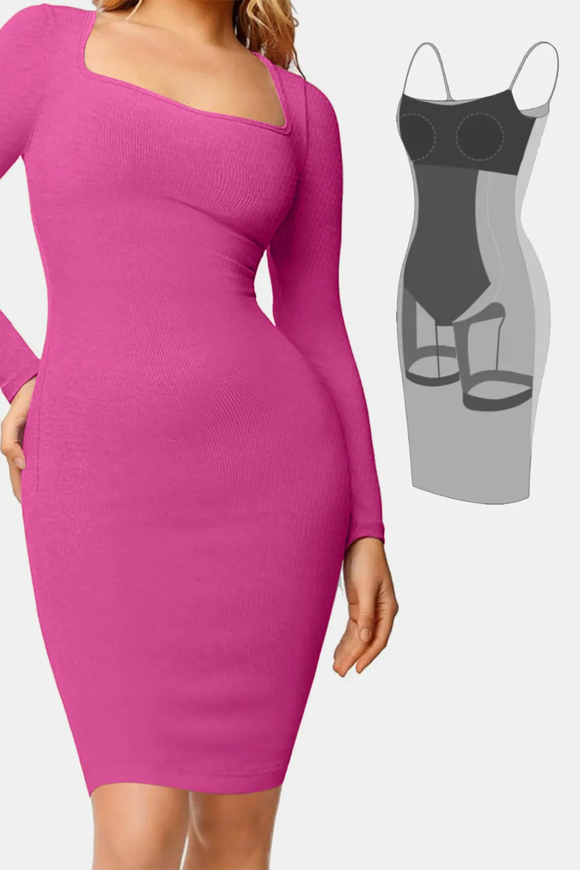 Square neck maxi dress with long sleeves and body hugging fit