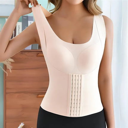 Close-up of stretchy scoop neck tank with unlined body