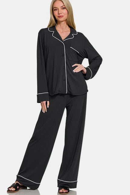 Charcoal button-down long-sleeve top with relaxed fit