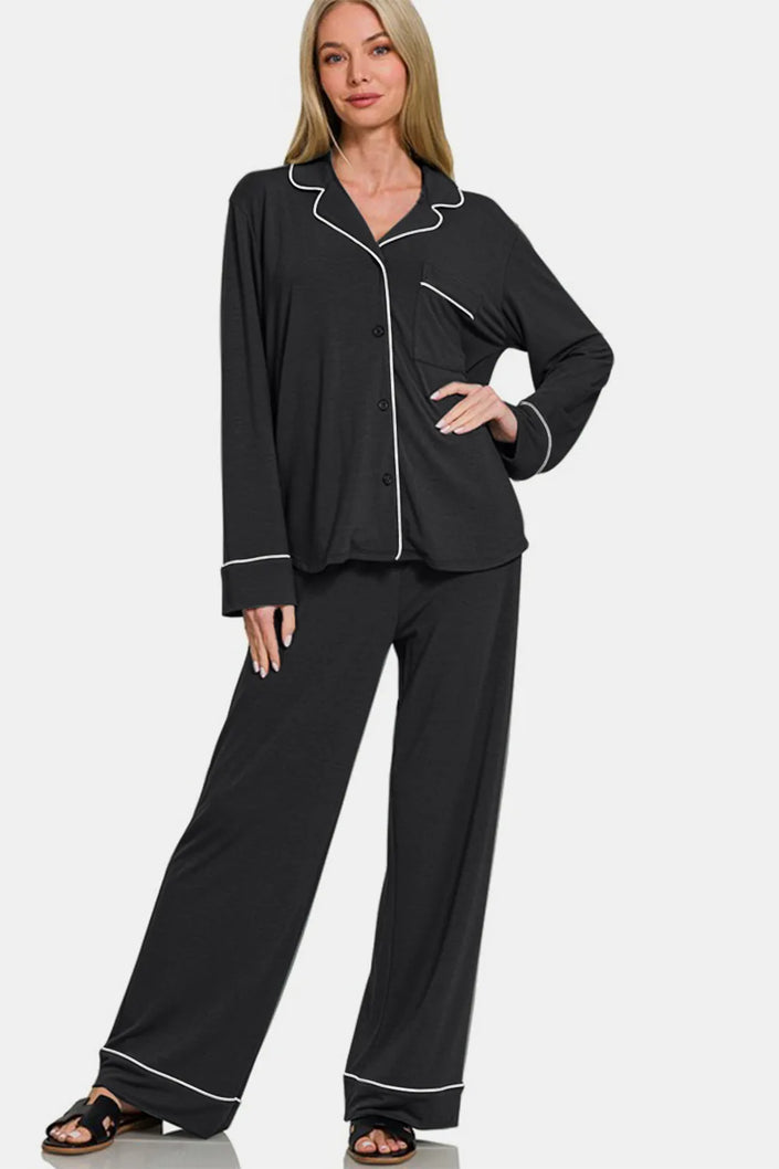 Charcoal button-down long-sleeve top with relaxed fit