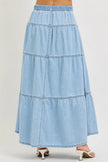 Light blue high-rise tiered denim maxi skirt with ruffle layers and elastic waistband