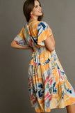 Vibrant abstract print flutter sleeve tiered midi dress with elastic waist and ruffled tiers