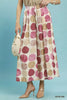 Women's wide leg flowy pants with pink and beige polka dots, elastic waist