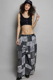 Grey and black patchwork wide leg drawstring pants with bohemian prints and pockets