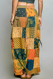 Multi colored bohemian patchwork wide leg pants with printed patterns and drawstring waist