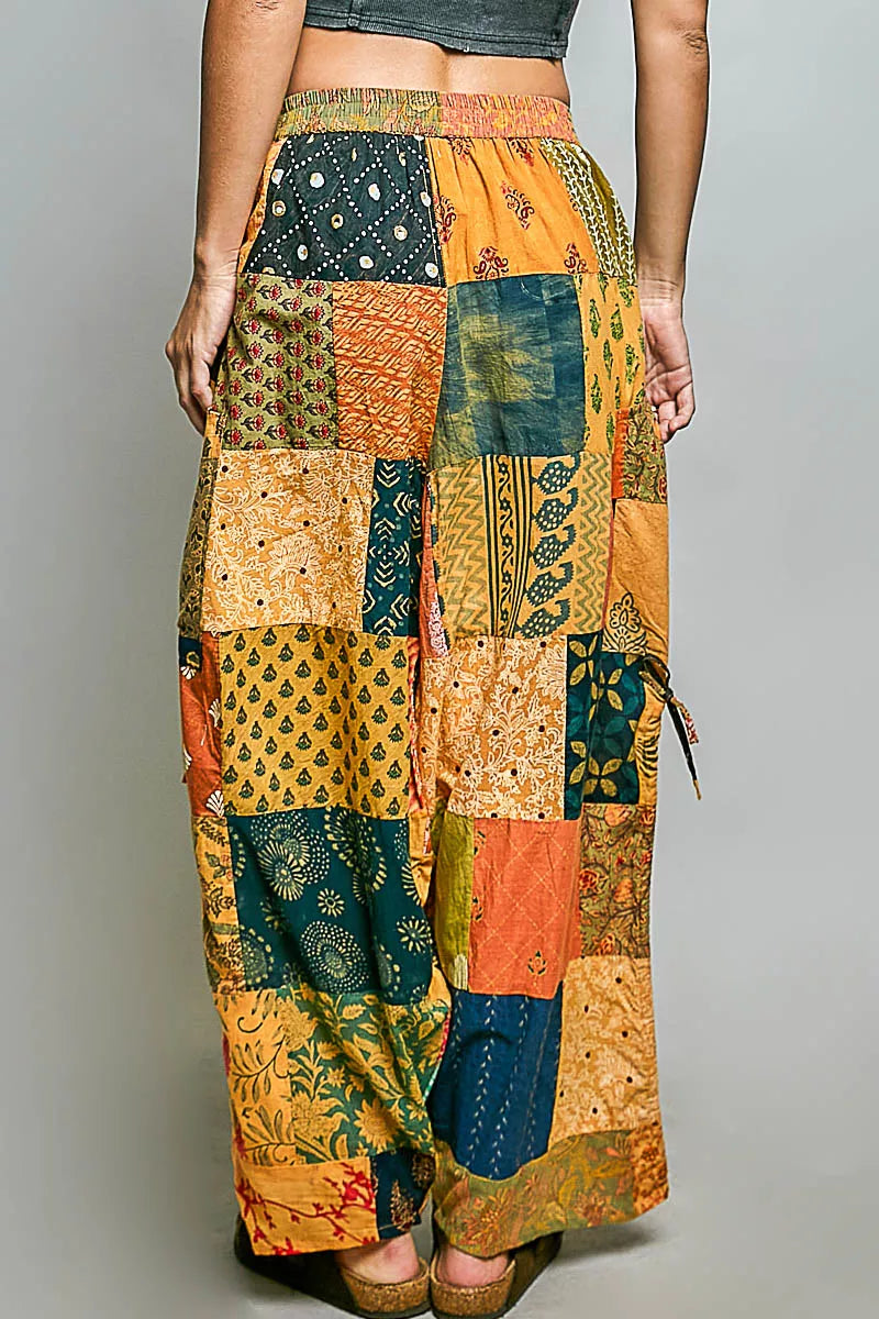 Multi colored bohemian patchwork wide leg pants with printed patterns and drawstring waist