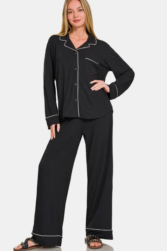Two-piece lounge set in coordinated charcoal black