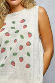Cream knit sleeveless top with red strawberry and green leaf pattern and round neckline