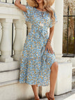 Blue floral print ruffle hem midi dress with tie front and short sleeves