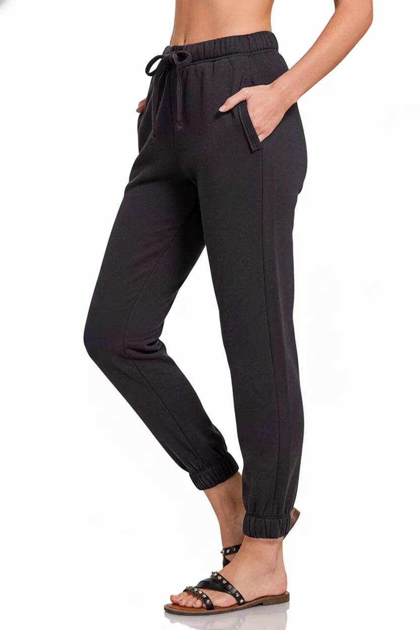Black fleece joggers showcasing functional front pockets