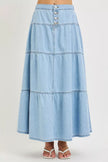 High-rise light wash denim maxi skirt with tiered ruffles and front button closure