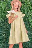 Light green cotton gauze baby doll dress with ruffled tiered skirt and short flutter sleeves