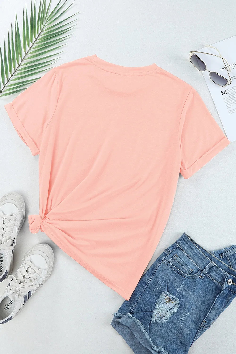 Coral sequin bunny round neck short sleeve t-shirt with twisted hem and soft fabric texture