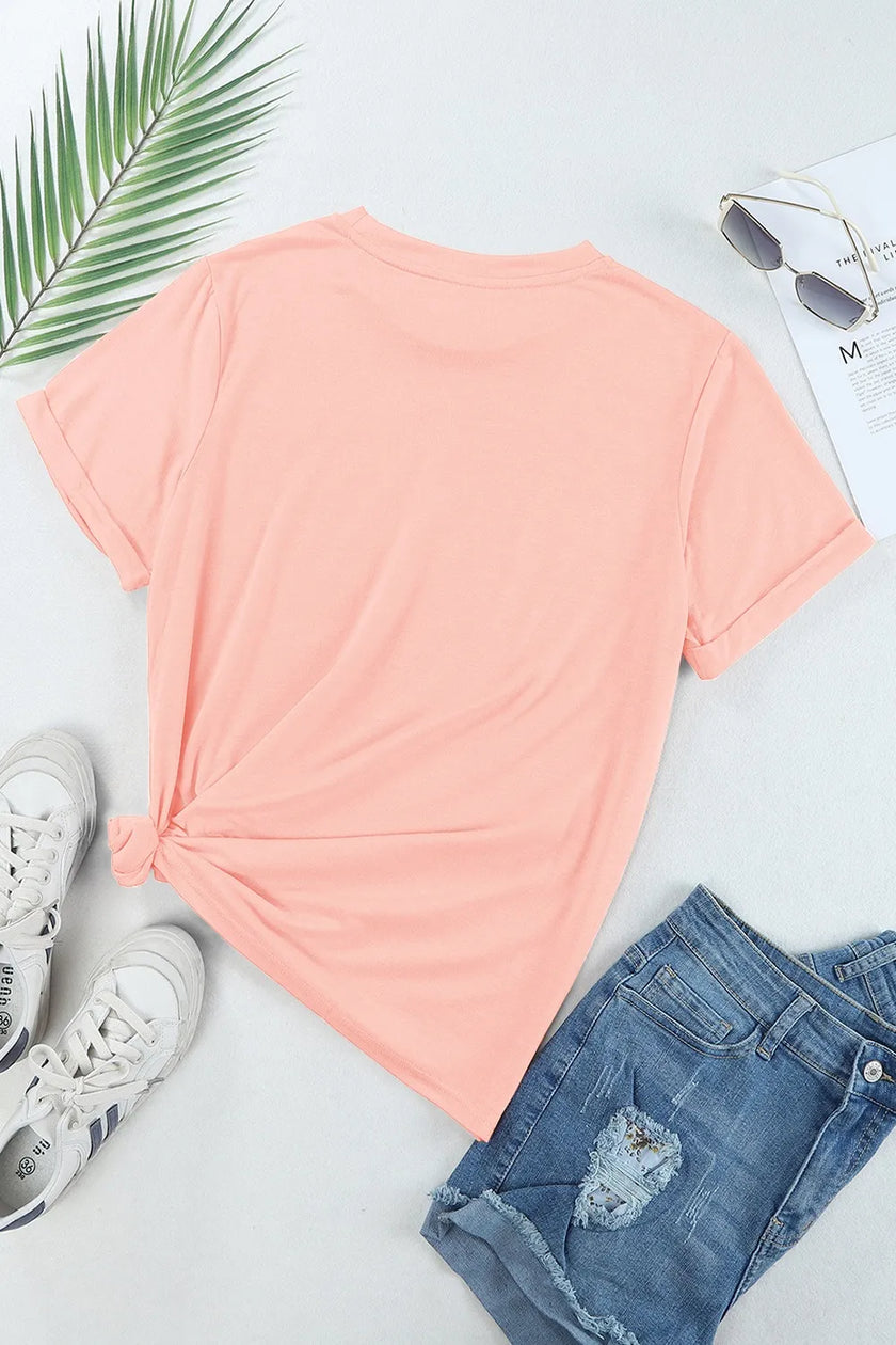Coral sequin bunny round neck short sleeve t-shirt with twisted hem and soft fabric texture