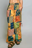 Multi color patchwork bohemian wide leg pants with printed cotton fabric and drawstring waist