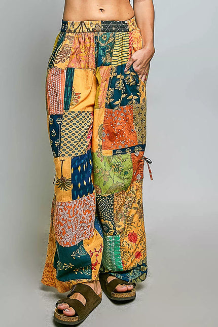 Multi color patchwork bohemian wide leg pants with printed cotton fabric and drawstring waist