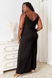Side profile of wide-leg jumpsuit with adjustable straps