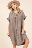 Brown mineral wash cotton gauze mini shirt dress with ruffle sleeves and relaxed fit