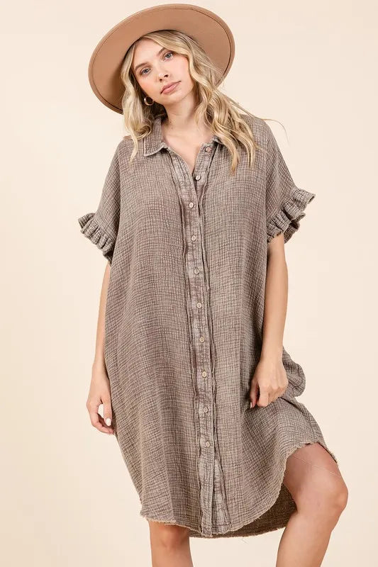 Brown mineral wash cotton gauze mini shirt dress with ruffle sleeves and relaxed fit