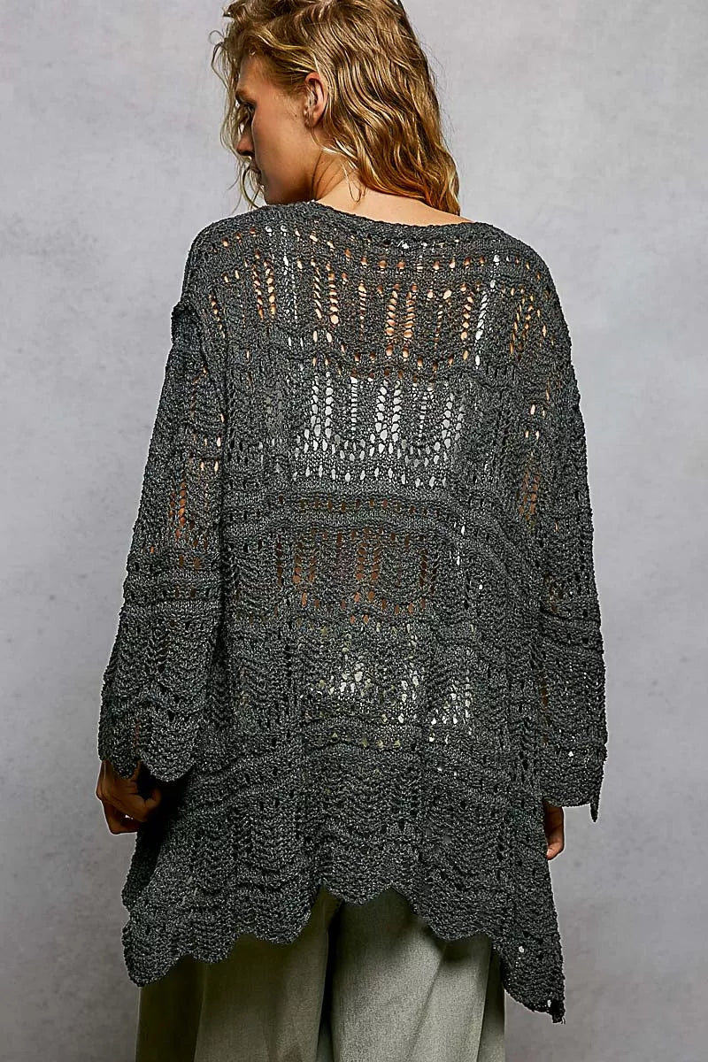 Dark gray openwork cardigan with scalloped hem and loose fit.