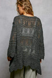 Dark gray openwork cardigan with scalloped hem and loose fit.
