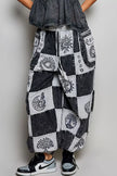 Grey and black patchwork high-rise joggers with Aztec prints and drawstring waist fit
