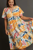 Vibrant abstract print flutter sleeve tiered midi dress with ruffled hem and relaxed fit