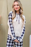 Hooded top with soft fabric details in black and white plaid