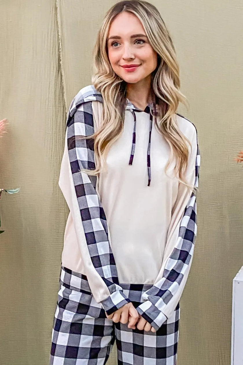 Hooded top with soft fabric details in black and white plaid