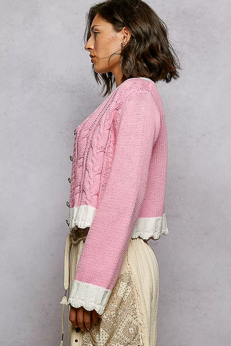 Close-up of pink cardigan cable stitching and button placement