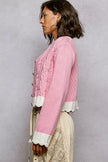Close-up of pink cardigan cable stitching and button placement