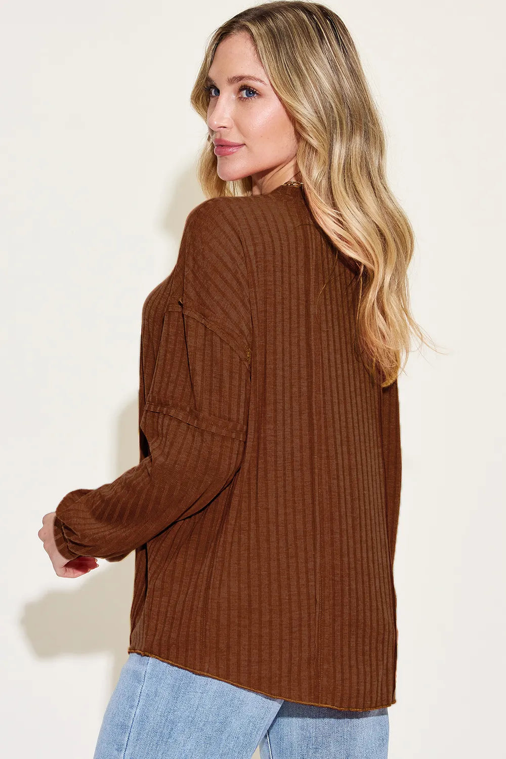 Back view of ribbed long sleeve tshirt with exposed seams