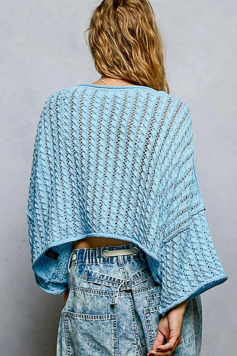 Cropped sweater top showcasing flattering 32 bust fit and 34 shoulder