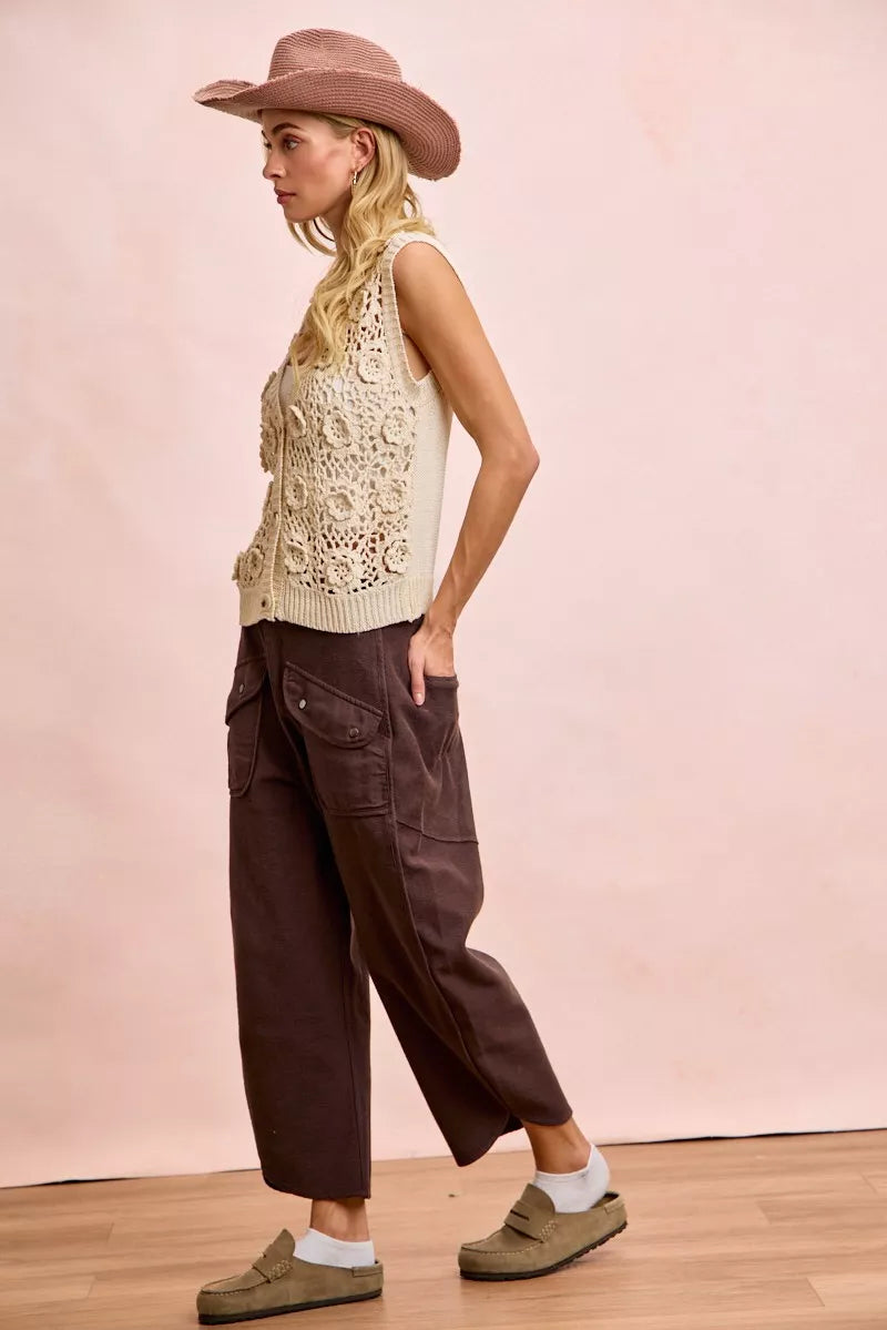 Mocha brown terry pants showcasing relaxed wide-leg silhouette