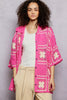Crochet shirt featuring openwork floral granny square pattern with button closure